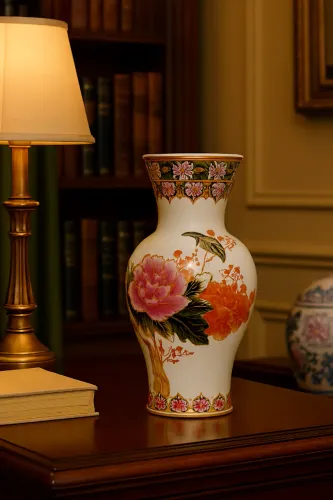 Vaso Porcelana De Macau Pintada À Mão - Fênix E Peônias