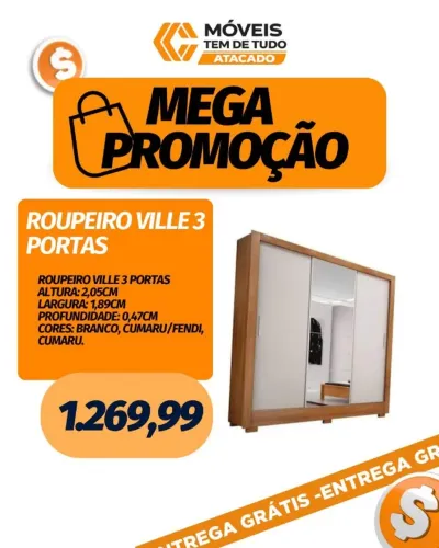 SUPER PROMOÇÃO ROUPEIRO VILLE 3 PORTAS