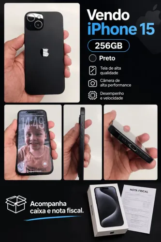 Vendo iPhone 15 256GB Preto Acompanha caixa e nota fiscal.