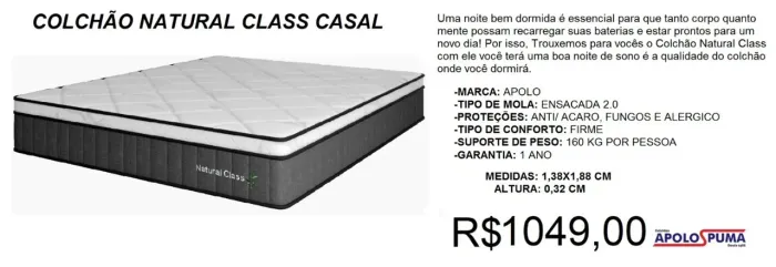 Colchão casal natural class 32cm altura - temos a pronta entrega