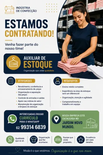Vaga para Auxiliar de Estoque - Indústria de Confecção