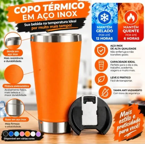 Copo Térmico Aço Inox Com Tampa Conserva Gelado 12h Quente 6h Premium 473ml