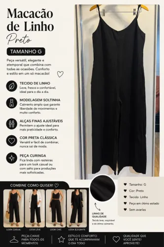 Macacão de Linho Preto - Tam. G 