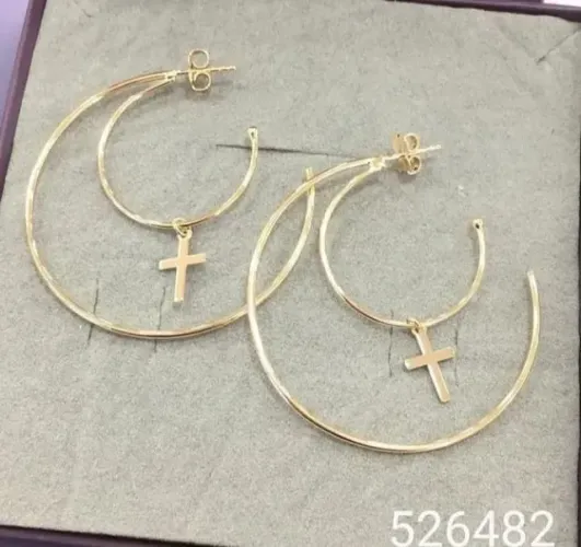 Brinco Rommanel meia argola dupla folheado a ouro 18k com cruz - tam.único 526482
