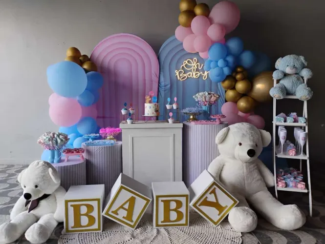 Tema Baby Chá Revelação azul e rosa