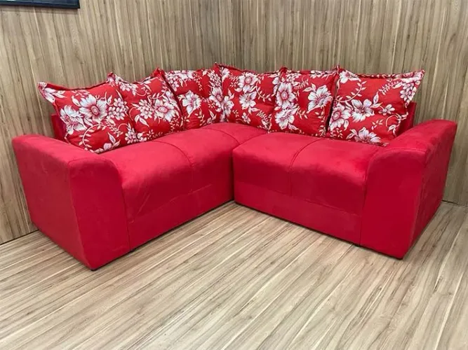 Sofá de Canto Suede Vermelho 5 Lugares com Almofadas Soltas 