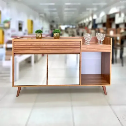 Buffet Nova York 100% MDF Com Espelho Ripado Em 3D Cor Freijó/Freijó - Em Oferta