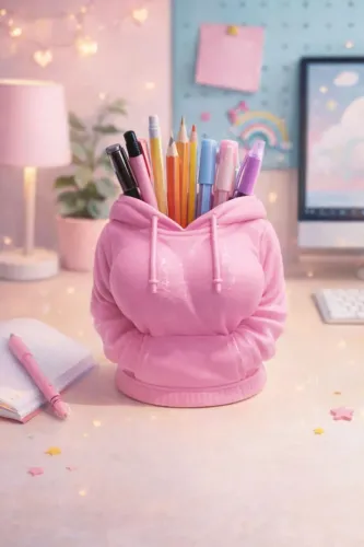 Porta-lápis em formato de moletom rosa - design criativo e moderno.