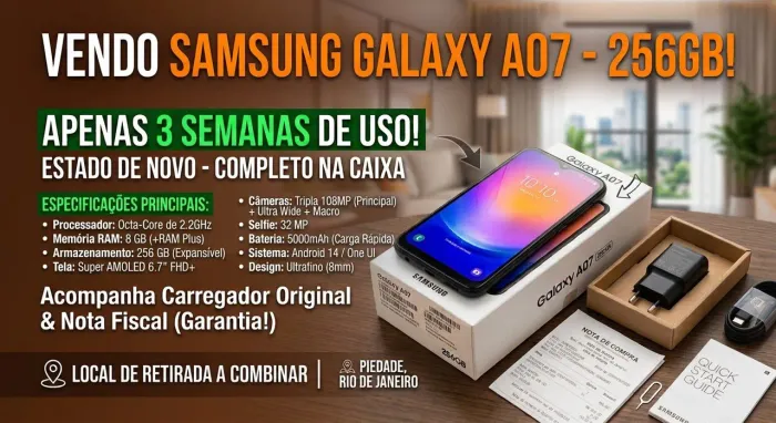 SAMSUNG A07 256GB,3 SEMANAS QUE FOI COMPRADO.