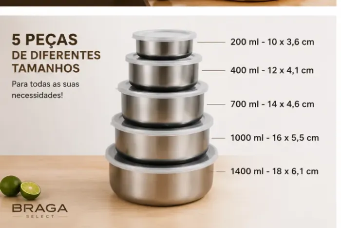 ? Kit com 5 Tigelas de Inox com Tampa