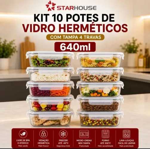 Kit 10 Potes Herméticos Vidro 640ml Starhouse Marmita Forno Micro-ondas Airfryer 4 travas