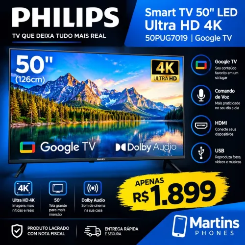 Philips Smart TV 50 LED Ultra HD 4K Google TV Comando de Voz Entradas HDMI e USB LACRADO