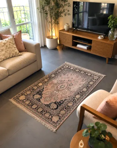TAPETE ESTILO PERSA | Floral Rosa Bege 1,40x0,90 Vintage Decorativo (Morumbi)