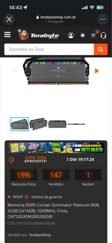 Memória Corsair Dominator Platinum RGB DDR5 32GB (2x16GB) 5200MHz - Alto Desempenho