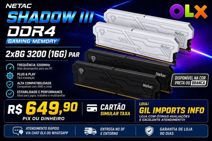 MEMÓRIA RAM NETAC SHADOW III DDR4 GAMING 16GB (2x8GB) 3200MHz | Nova lacrada