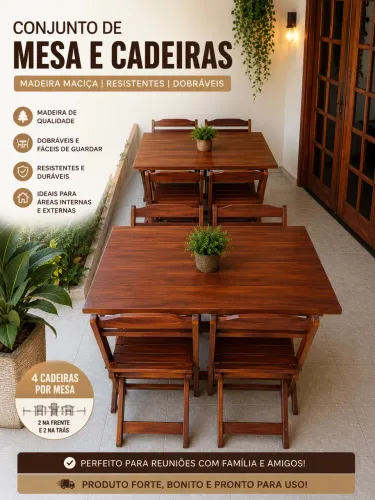 CONJUNTO DE 2 MESAS + 8 CADEIRAS DOBRÁVEIS