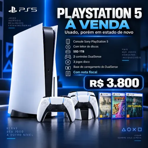 PS5 1TB com Leitor + 2 Controles + 3 Jogos + Nota Fiscal