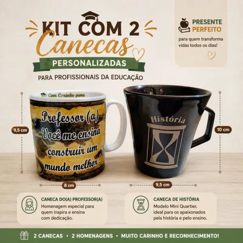 Kit com 2 Canecas Personalizadas para Professores | Presente Perfeito | Frete Grátis