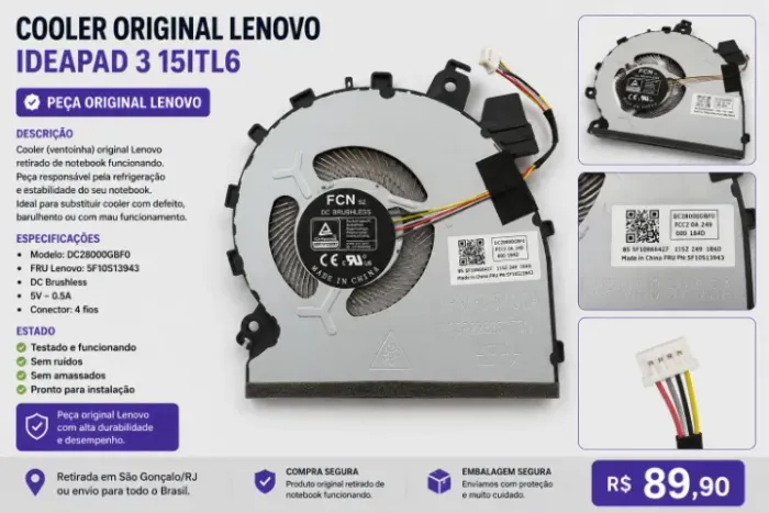 Cooler Original Lenovo IdeaPad 3 15ITL6 / 15ALC6 FCN DC28000GBF0 Testado