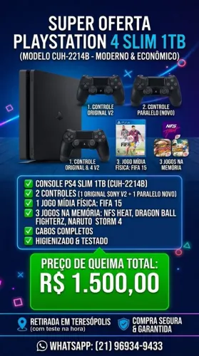 PlayStation 4 Slim 1TB Original + 1 Controle DualShock + FIFA 15 + 3 Jogos na Memória