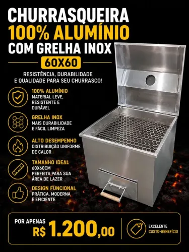 Churrasqueira 100% alumínio com grelha inox 60 X 60