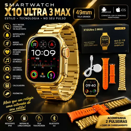 Smartwatch X10 Ultra 3 Max 49mm - Android e iOS - Dourado