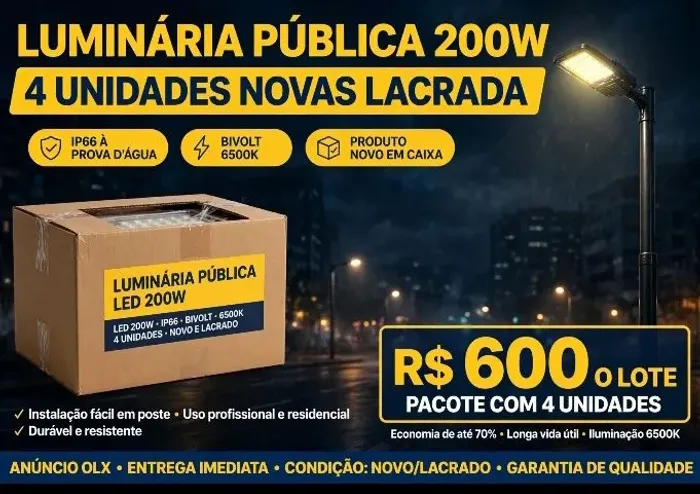 Luminária Pública Led 200W Poste IP66 6500K Bivolt Nova Lacrada - Lote 10/2025