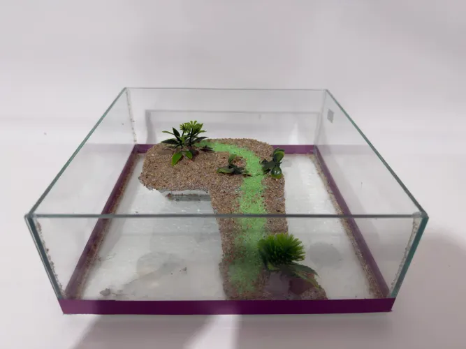 Terrário aquaterrario modelo tabuleiro vidro com plataforma central decorada 