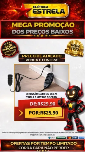 Extensão Naticon Tripla 5 Metros 2x0,75 - Promoção Especial Elétrica Estrela