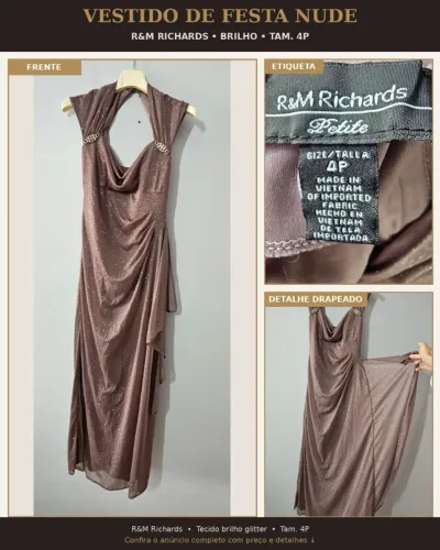 ? VESTIDO DE FESTA NUDE COM BRILHO | R&M Richards | Tam. 4P (38 BR) Nunca Usado
