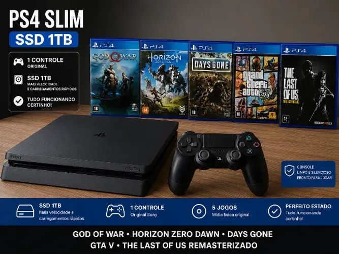 PS4 Slim SSD 1TB + Controle + GTA V, God of War, TLOU, Days Gone e Horizon