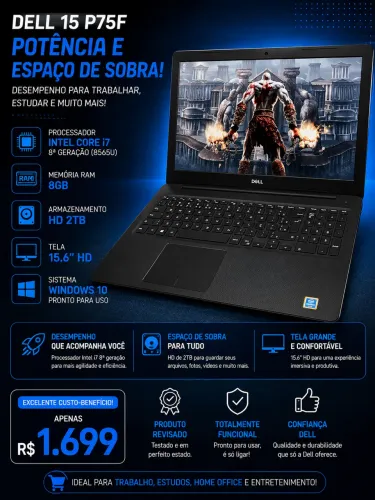 Notebook DELL Core i7 8ª Geração | 8GB RAM | 2TB Armazenamento 