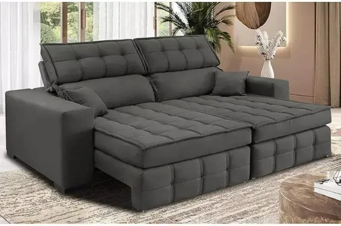 Sofá Retrátil e Reclinável 1,80m Molas Ensacadas e Costura Tripla Nobre Suede Cinza