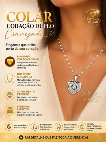 Colar coração duplo cravejado aço inox prateado