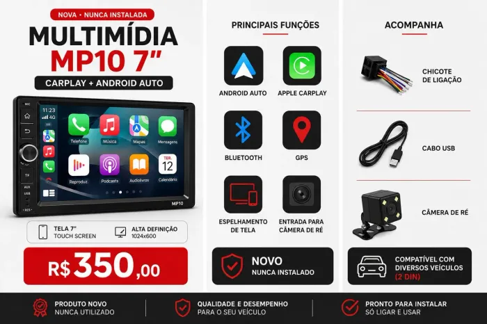 Central Multimídia MP10 7" CarPlay Android Auto + Câmera de Ré - Nova
