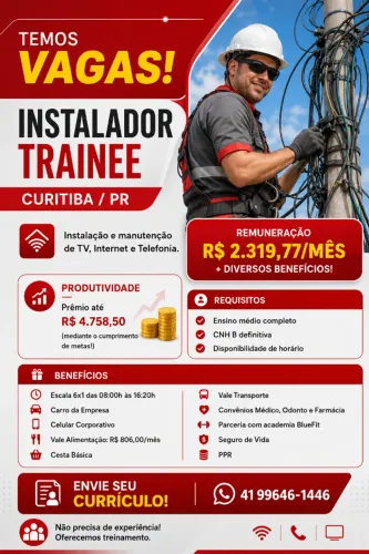 Vagas para Instalador Trainee (sem experiência)