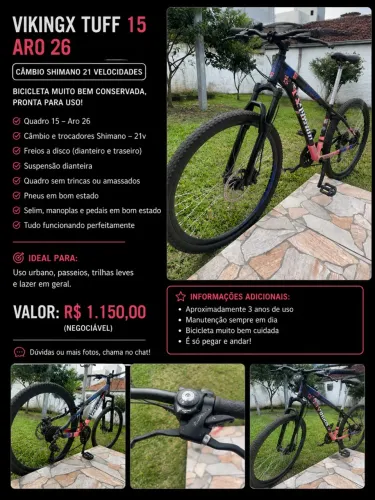 VikingX Tuff Aro 26 | Quadro 15 | 21 Velocidades | Freio a Disco