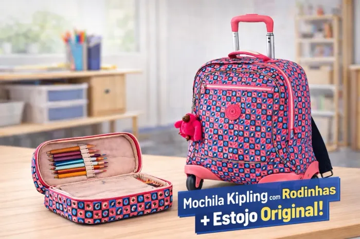 Mochila Kipling com Rodinhas + Estojo Original - Ótimo Estado!