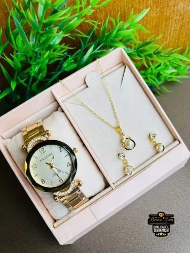 Kit Relógio Feminino Moderno + Colar e Brincos Folheados - Ideal para Presentear