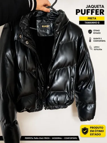 jaqueta puffer feminina preta de couro sintético, 