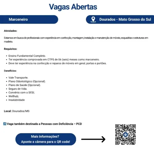 Vagas para Marceneiro e Pedreiro 