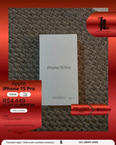 IPHONE 15 PRO, 5G, 128GB, CHIP ESIM, LACRADO, EXCLUSIVO!