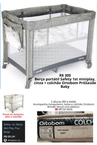Berço portátil Safety 1st miniplay, cinza + colchão Ortobom PróSaúde Baby