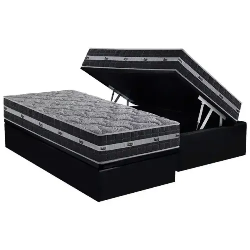 Cama Box Solteiro Completa com Colchão + Baú no Suede Preto