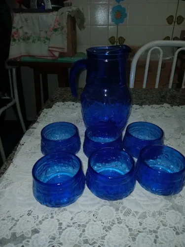 Conjunto de Jarra e Potes de Vidro Trabalhado Azul Turquesa