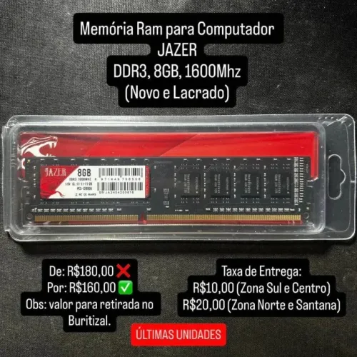 Memória Ram p/ PC JAZER, 8GB, DDR3, 1600Mhz (Novo e Lacrado) PROMOÇÃO