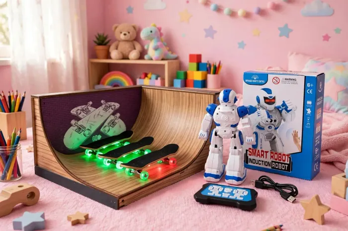 Lote Brinquedos Menino- Pista Skate Fingerboard Led + Robô Smart Robótica com controle 