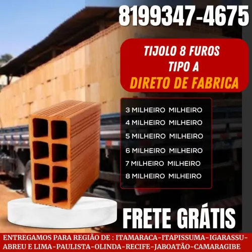 Tijolo 8 furos entrega a partir de 3 milheiro tipo A de fábrica 