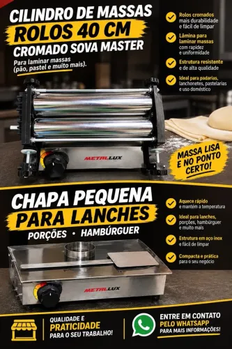Cilindro de Massas 40cm + Chapa para Lanches