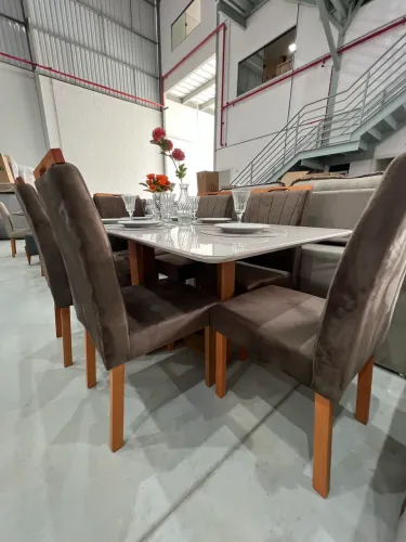 Mesa Madeira Tampo de Vidro + 6 Cadeiras NOVO